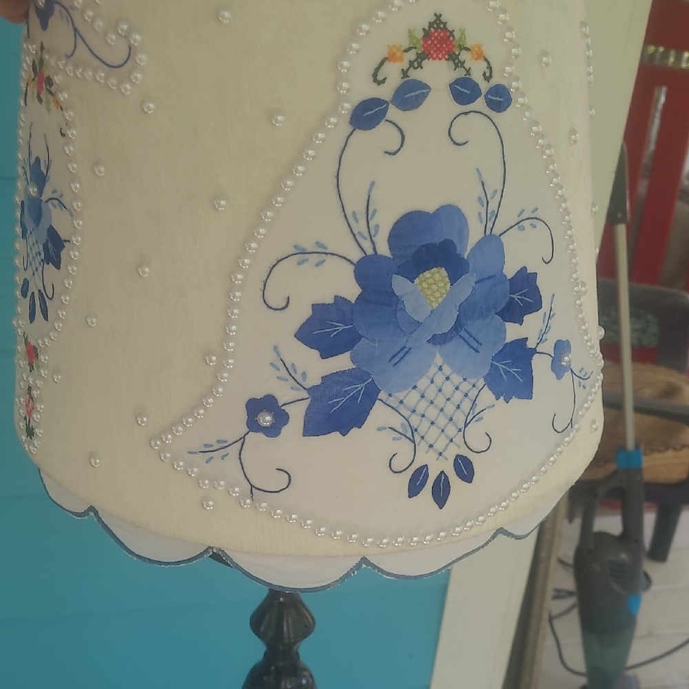 Hand Crafted Blue Floral Beaded Vintage Velvet Lamp Shade with Pearl Trim